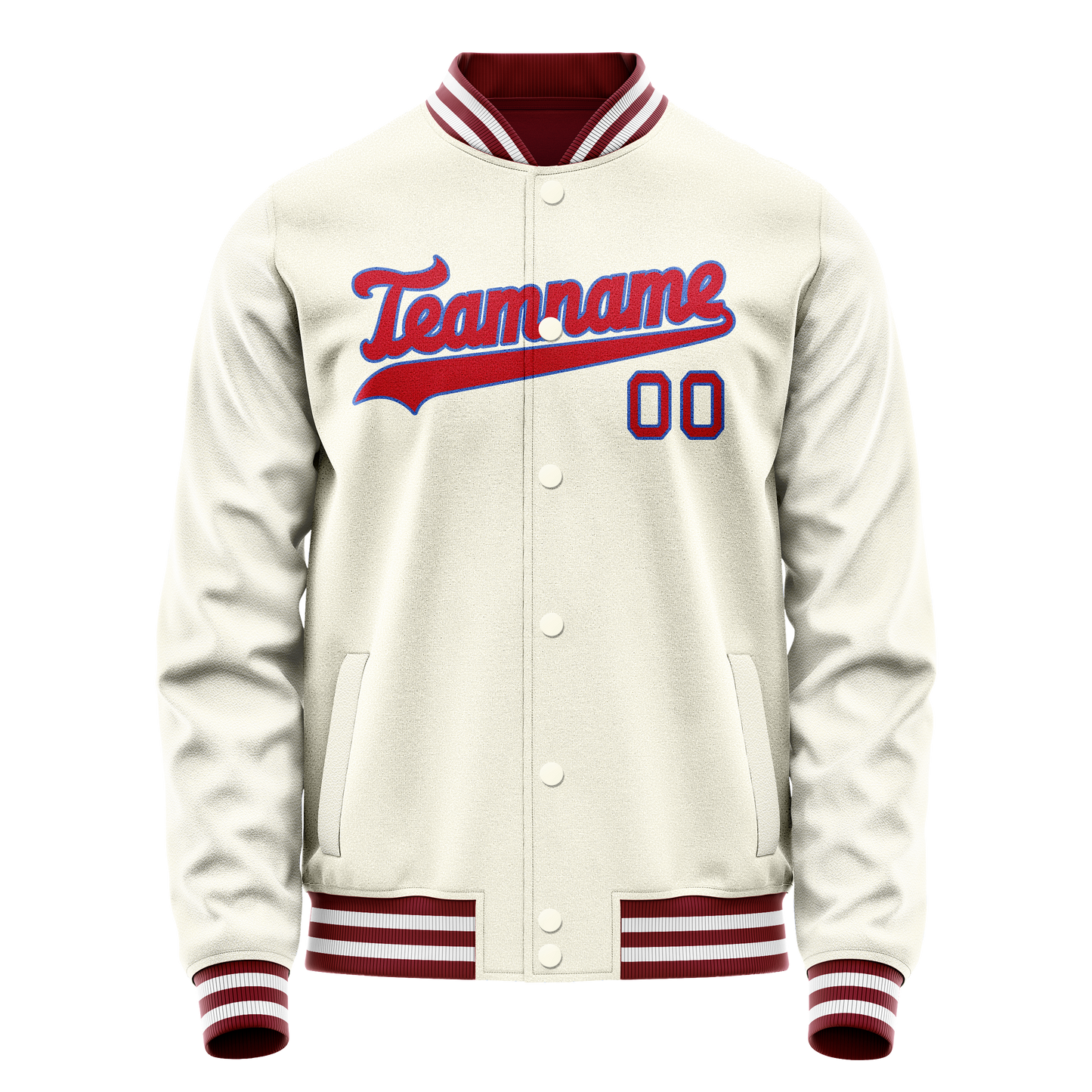 Custom Cream Red Solid Color Varsity Letterman Jacket