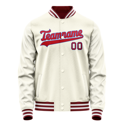 Custom Cream Red Solid Color Varsity Letterman Jacket