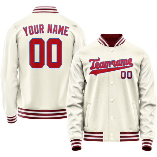 Custom Cream Red Solid Color Varsity Letterman Jacket