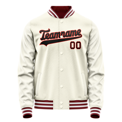 Custom Cream Black Solid Color Varsity Letterman Jacket