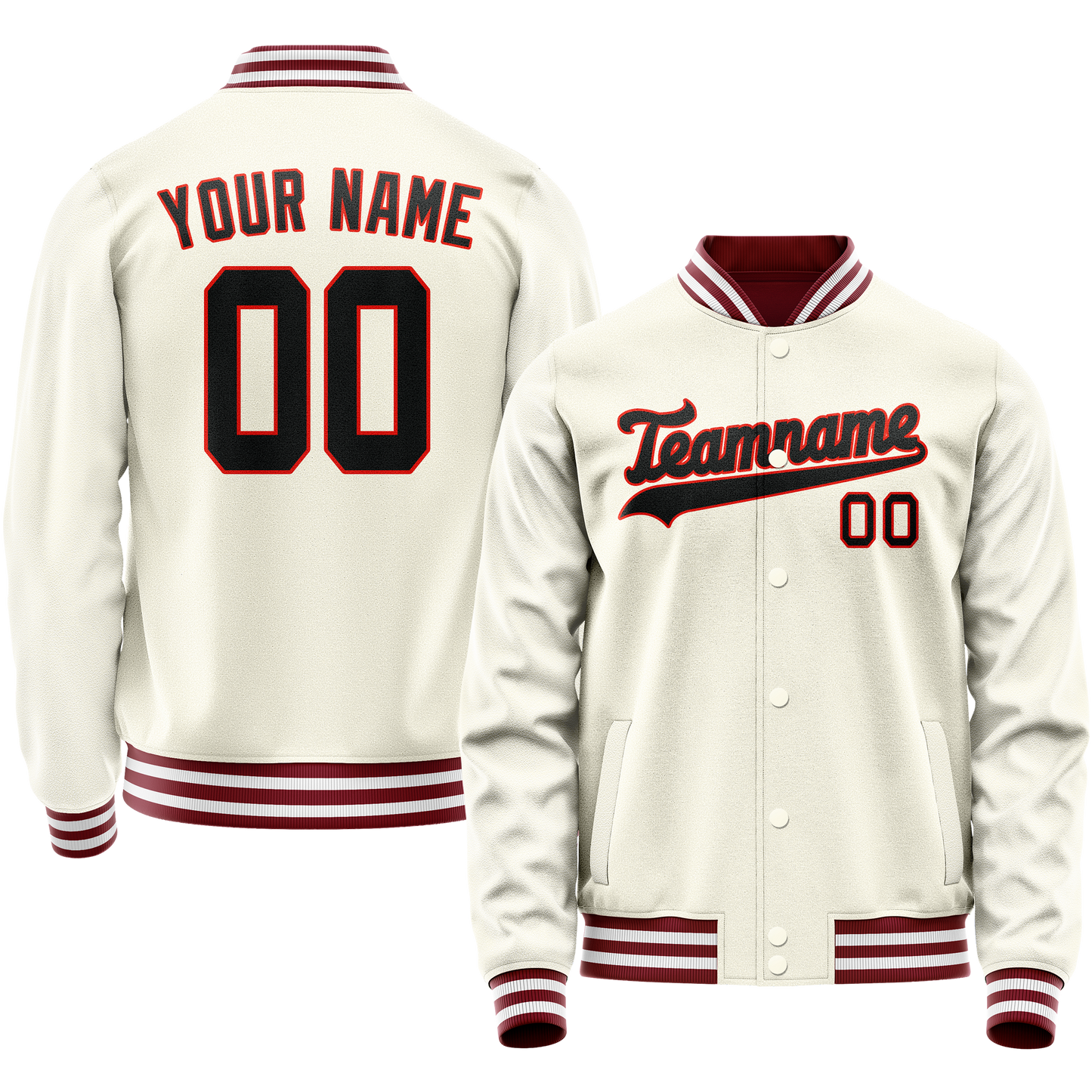 Custom Cream Black Solid Color Varsity Letterman Jacket