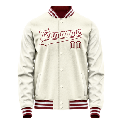 Custom Cream Crimson Solid Color Varsity Letterman Jacket