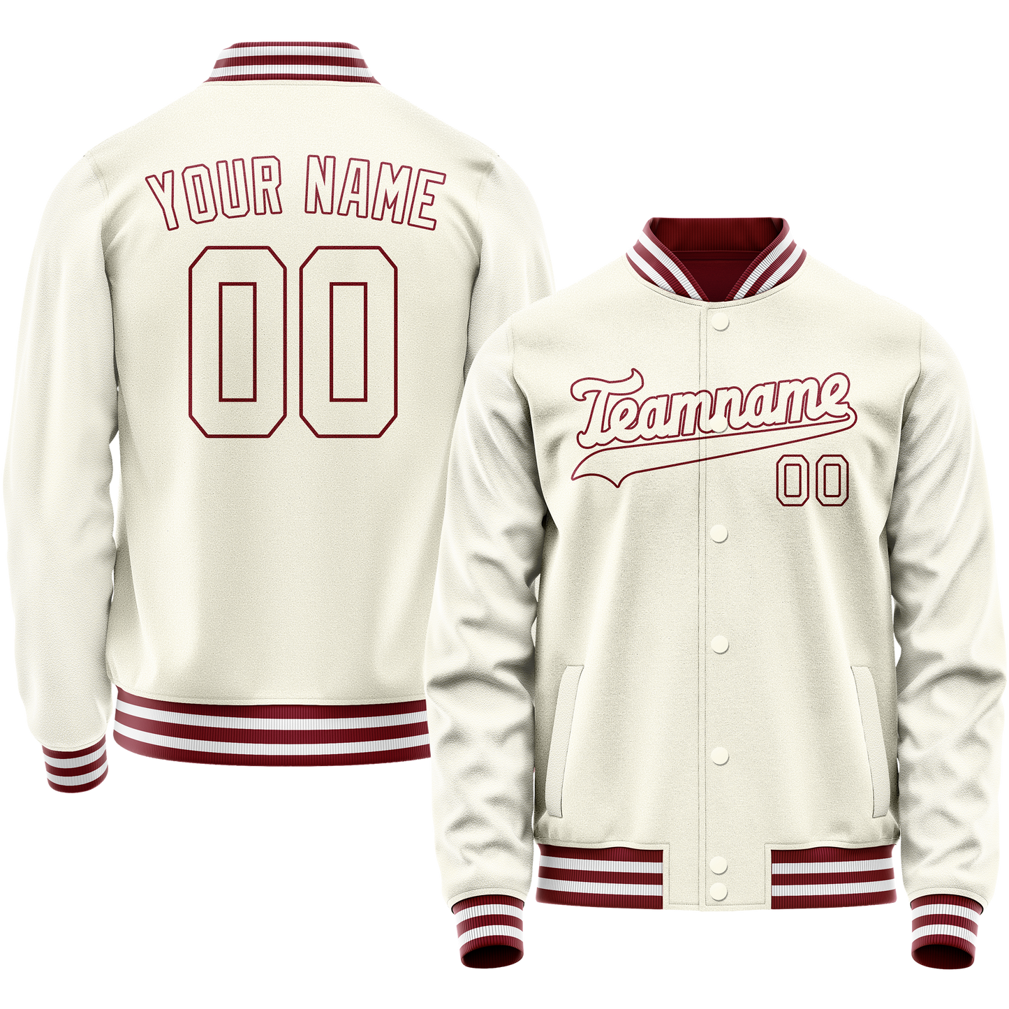 Custom Cream Crimson Solid Color Varsity Letterman Jacket