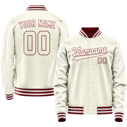 Custom Cream Crimson Solid Color Varsity Letterman Jacket