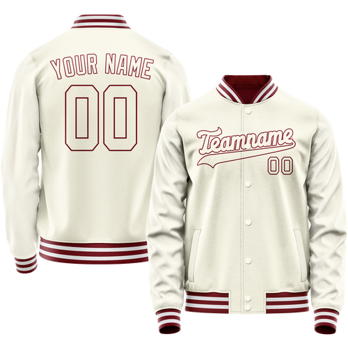Custom Cream Crimson Solid Color Varsity Letterman Jacket