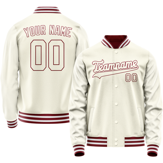 Custom Cream Crimson Solid Color Varsity Letterman Jacket