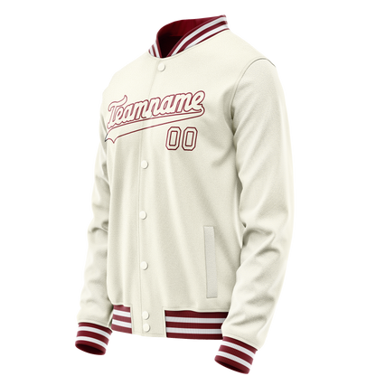 Custom Cream Crimson Solid Color Varsity Letterman Jacket