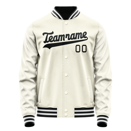 Custom Cream Black Solid Color Varsity Letterman Jacket