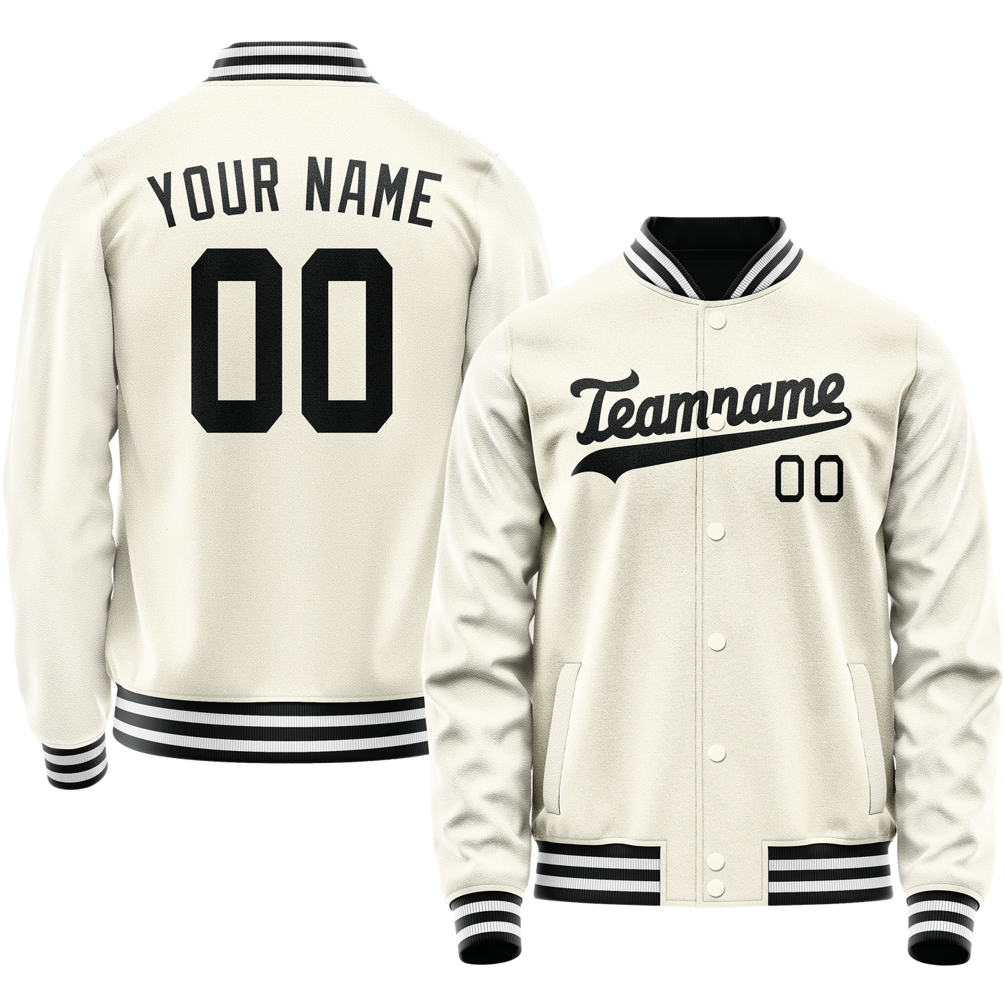 Custom Cream Black Solid Color Varsity Letterman Jacket