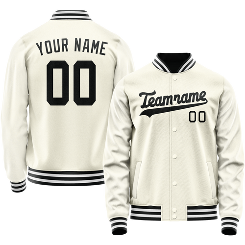 Custom Cream Black Solid Color Varsity Letterman Jacket