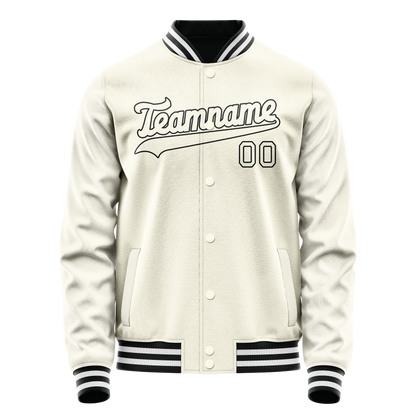 Custom Cream Black Solid Color Varsity Letterman Jacket