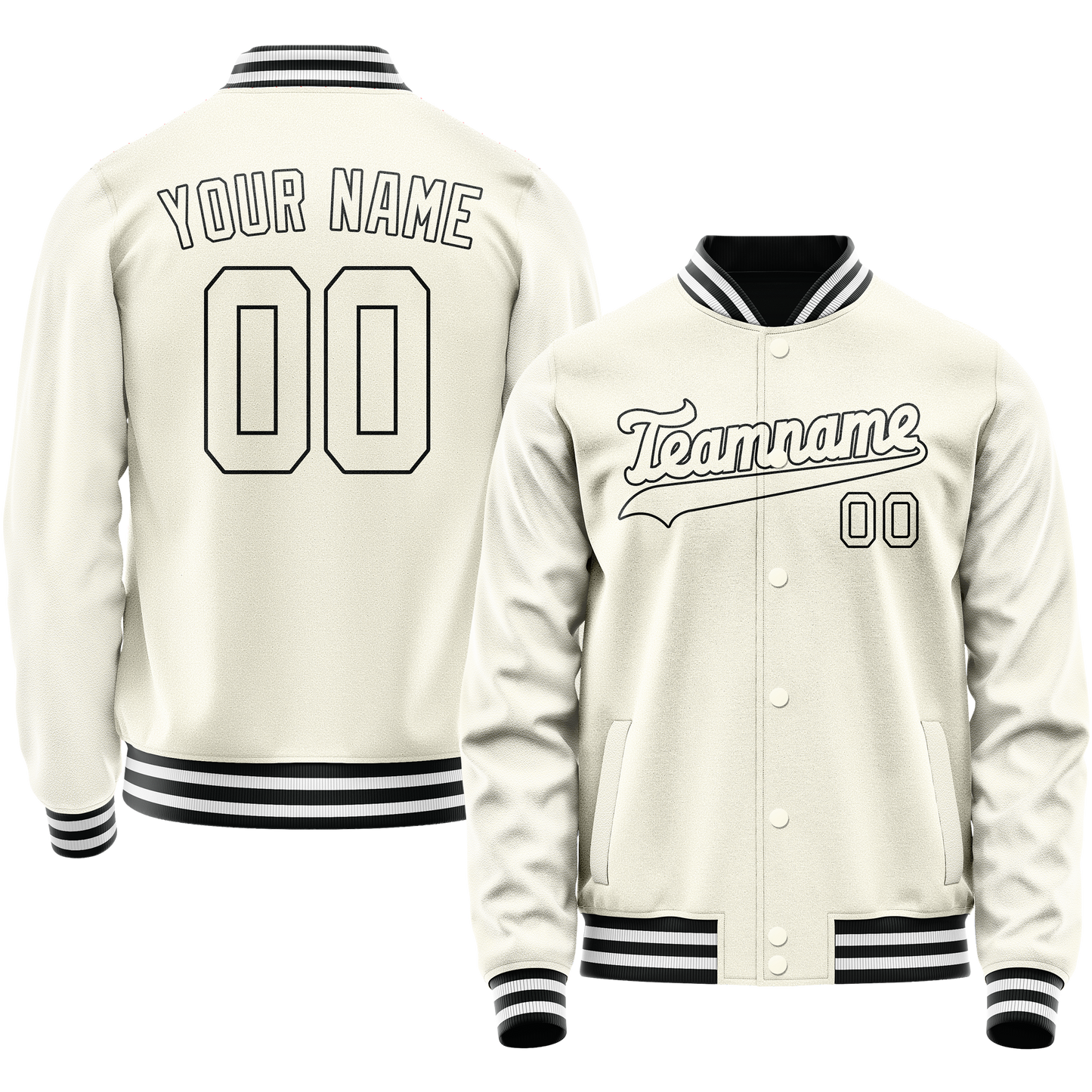 Custom Cream Black Solid Color Varsity Letterman Jacket