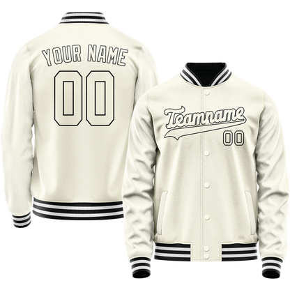 Custom Cream Black Solid Color Varsity Letterman Jacket
