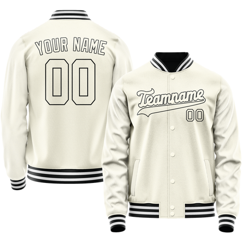 Custom Cream Black Solid Color Varsity Letterman Jacket