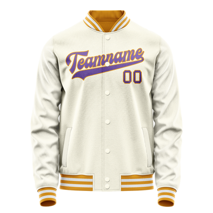 Custom Cream Purple Solid Color Varsity Letterman Jacket