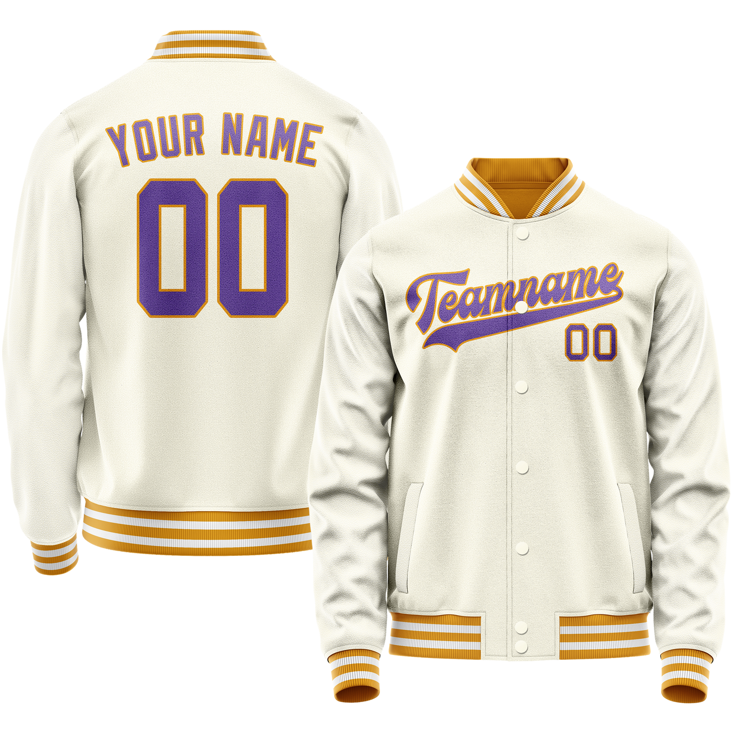Custom Cream Purple Solid Color Varsity Letterman Jacket