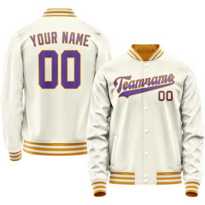 Custom Cream Purple Solid Color Varsity Letterman Jacket