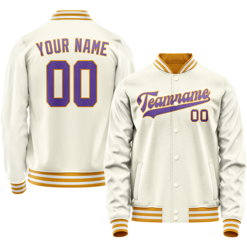 Custom Cream Purple Solid Color Varsity Letterman Jacket