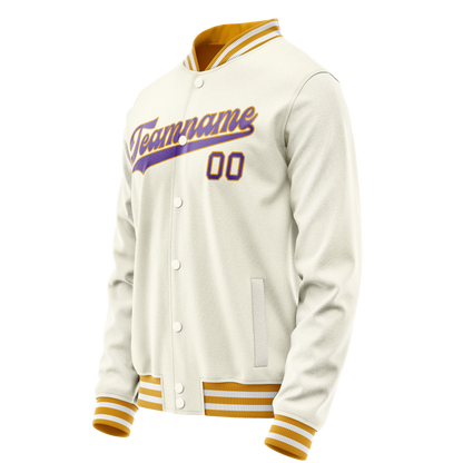 Custom Cream Purple Solid Color Varsity Letterman Jacket