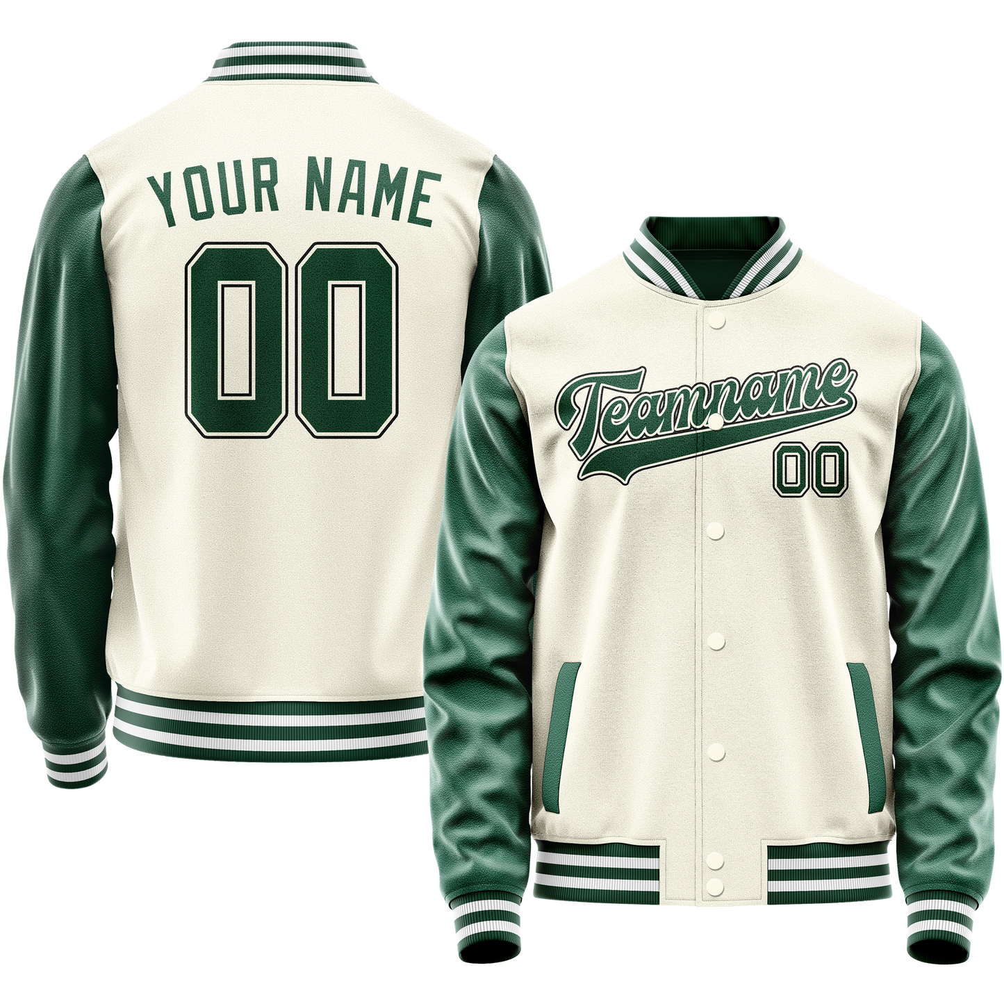 Custom Cream Kelly-Green Solid Color Varsity Letterman Jacket