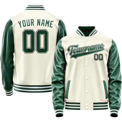 Custom Cream Kelly-Green Solid Color Varsity Letterman Jacket