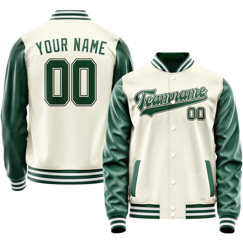 Custom Cream Kelly-Green Solid Color Varsity Letterman Jacket