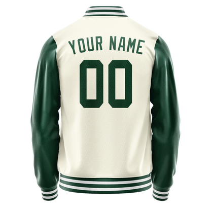 Custom Cream Kelly-Green Solid Color Varsity Letterman Jacket
