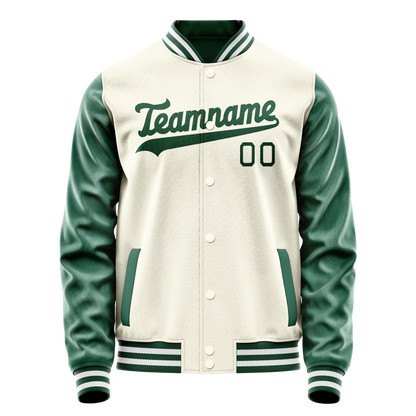Custom Cream Kelly-Green Solid Color Varsity Letterman Jacket