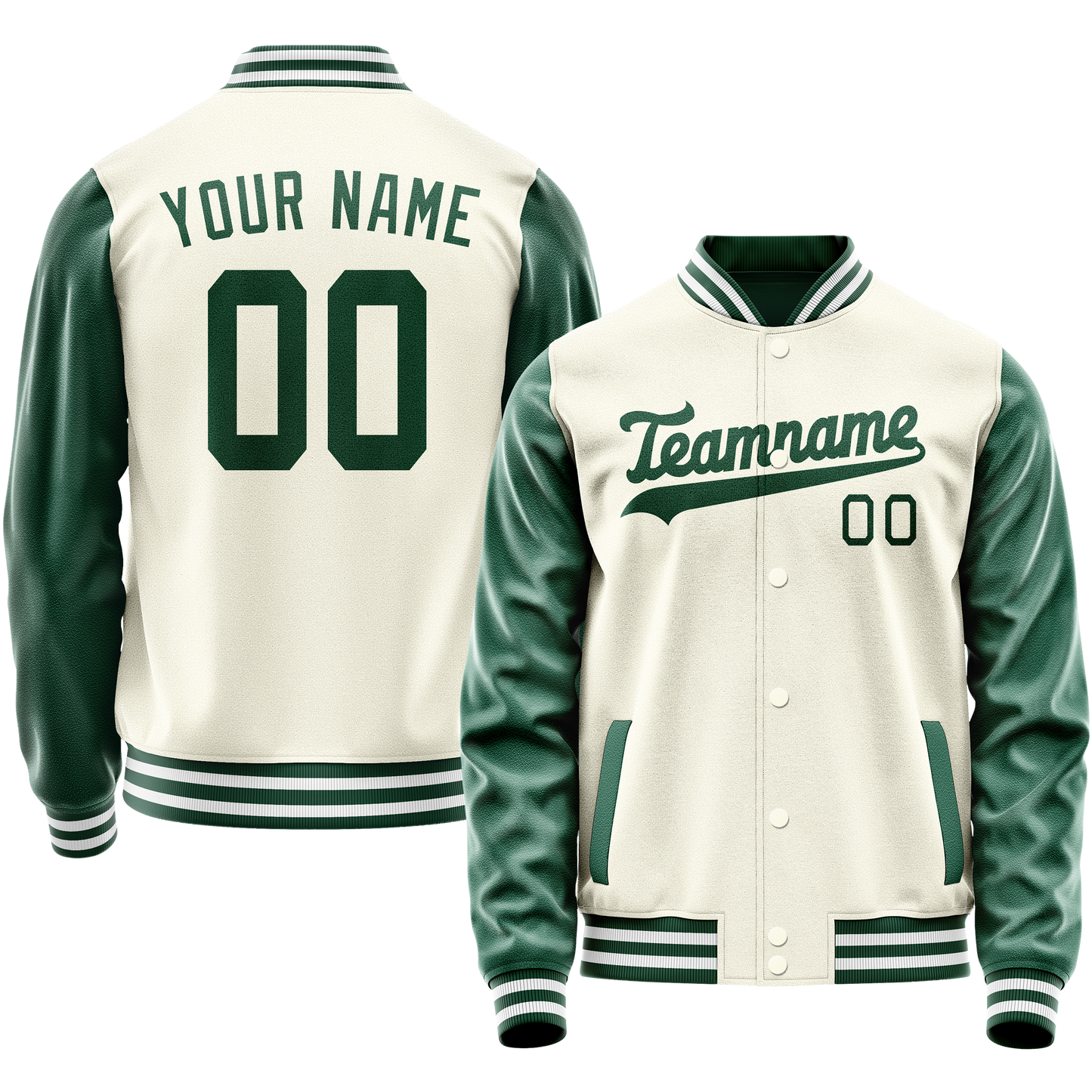 Custom Cream Kelly-Green Solid Color Varsity Letterman Jacket