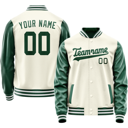 Custom Cream Kelly-Green Solid Color Varsity Letterman Jacket