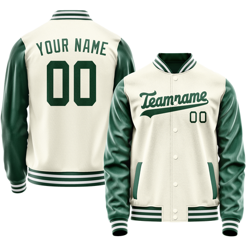 Custom Cream Kelly-Green Solid Color Varsity Letterman Jacket