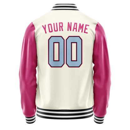 Custom Cream Pink Solid Color Varsity Letterman Jacket