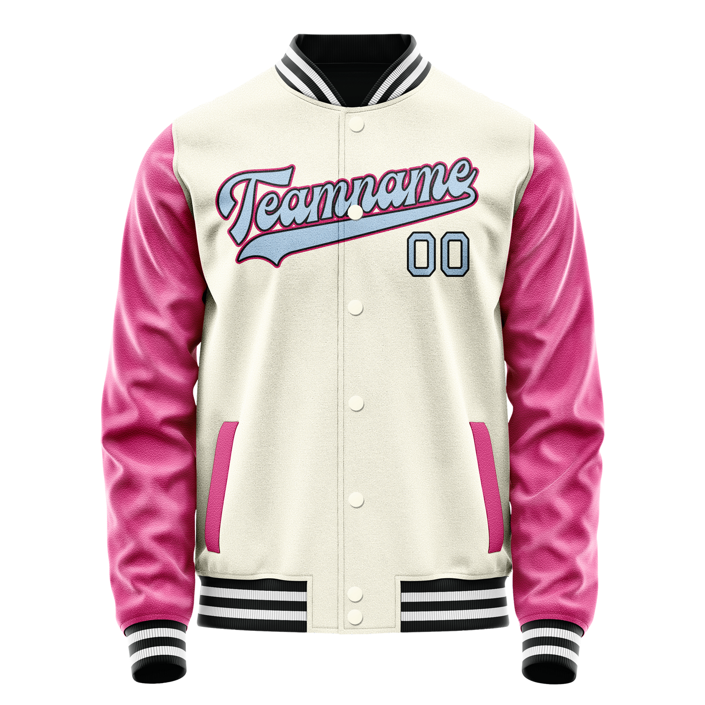 Custom Cream Pink Solid Color Varsity Letterman Jacket