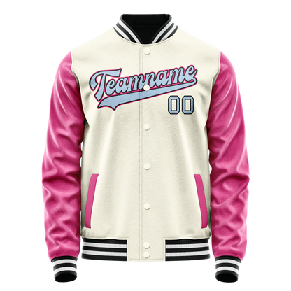Custom Cream Pink Solid Color Varsity Letterman Jacket