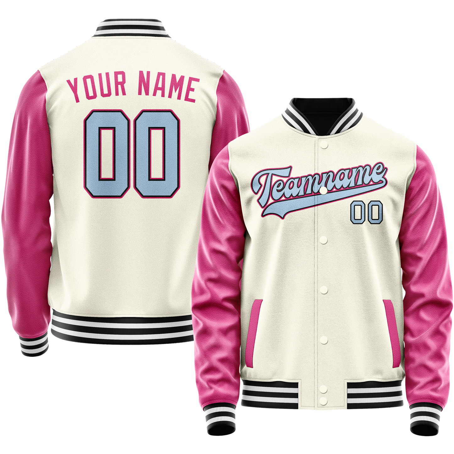 Custom Cream Pink Solid Color Varsity Letterman Jacket