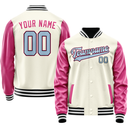 Custom Cream Pink Solid Color Varsity Letterman Jacket