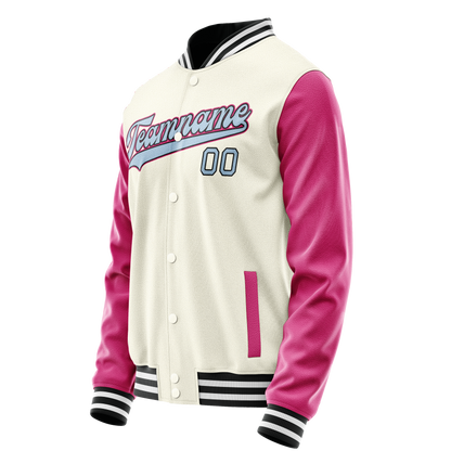 Custom Cream Pink Solid Color Varsity Letterman Jacket