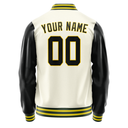 Custom Cream Black Solid Color Varsity Letterman Jacket