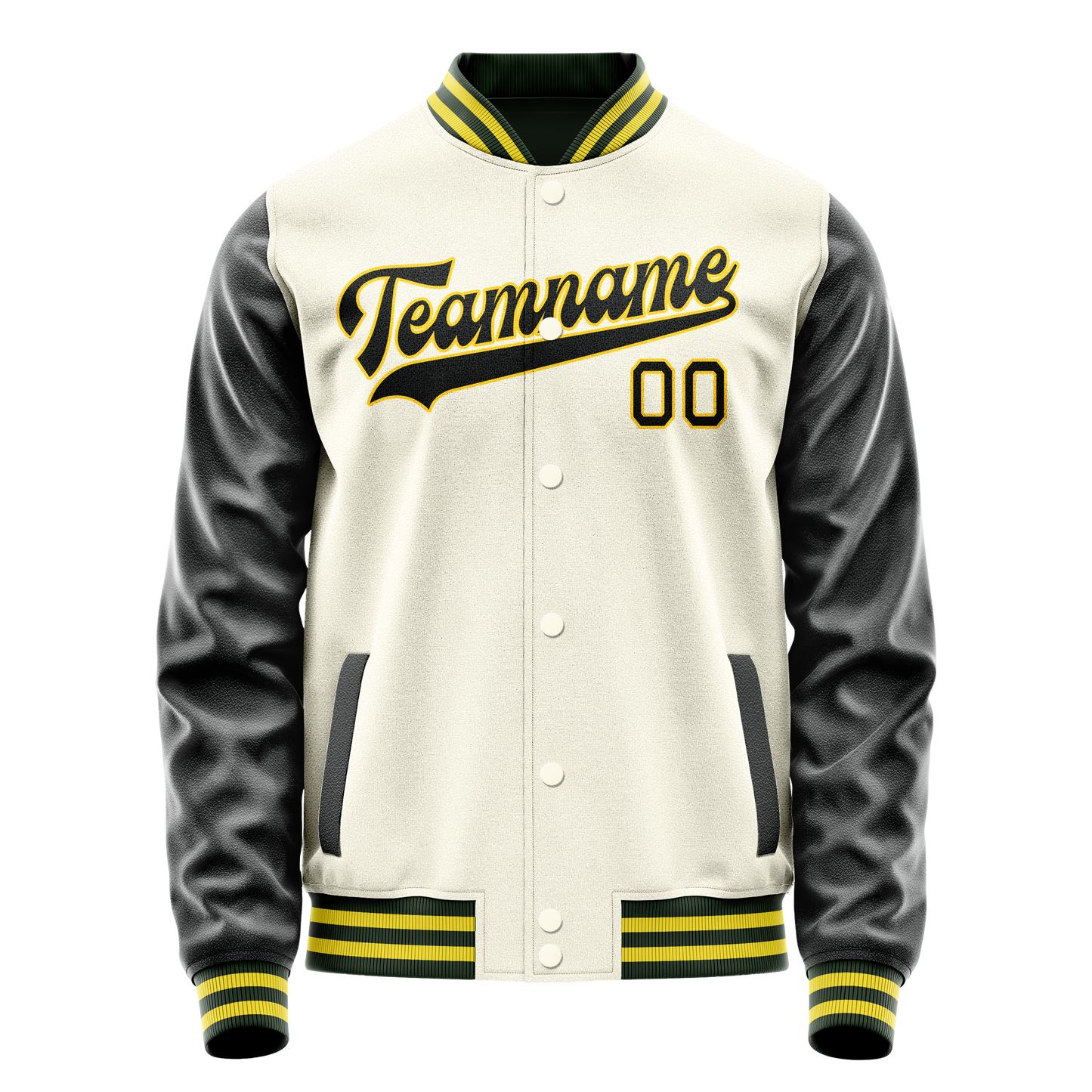 Custom Cream Black Solid Color Varsity Letterman Jacket