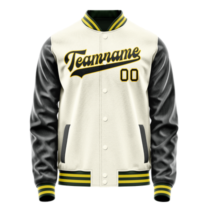 Custom Cream Black Solid Color Varsity Letterman Jacket
