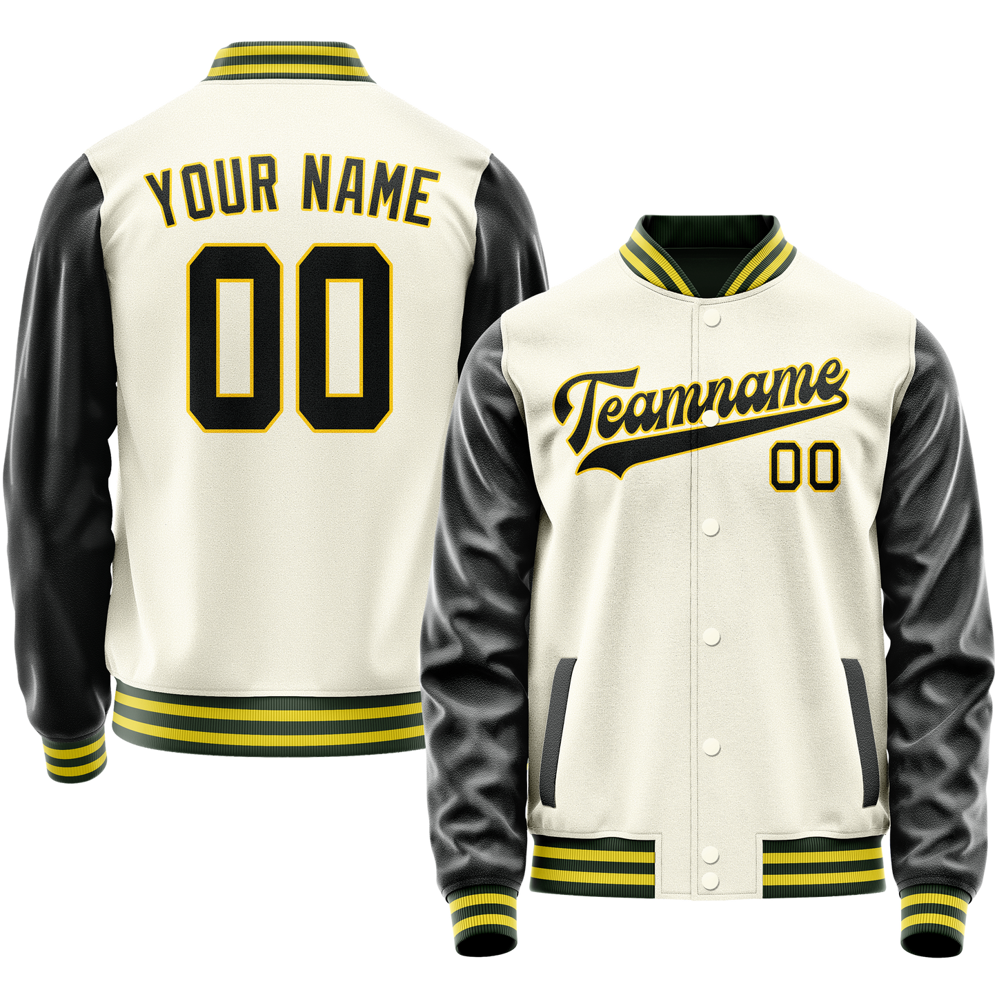 Custom Cream Black Solid Color Varsity Letterman Jacket