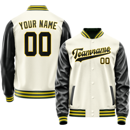 Custom Cream Black Solid Color Varsity Letterman Jacket
