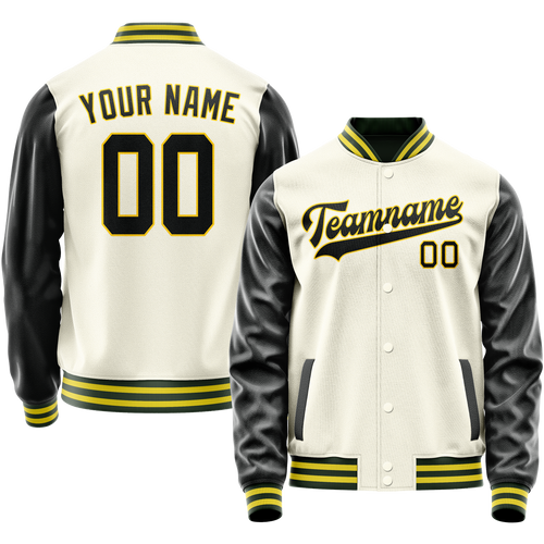 Custom Cream Black Solid Color Varsity Letterman Jacket