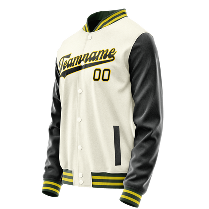 Custom Cream Black Solid Color Varsity Letterman Jacket