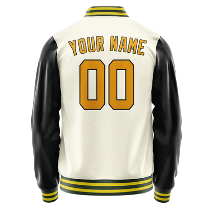 Custom Cream Black Solid Color Varsity Letterman Jacket