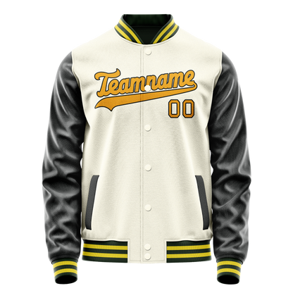 Custom Cream Black Solid Color Varsity Letterman Jacket