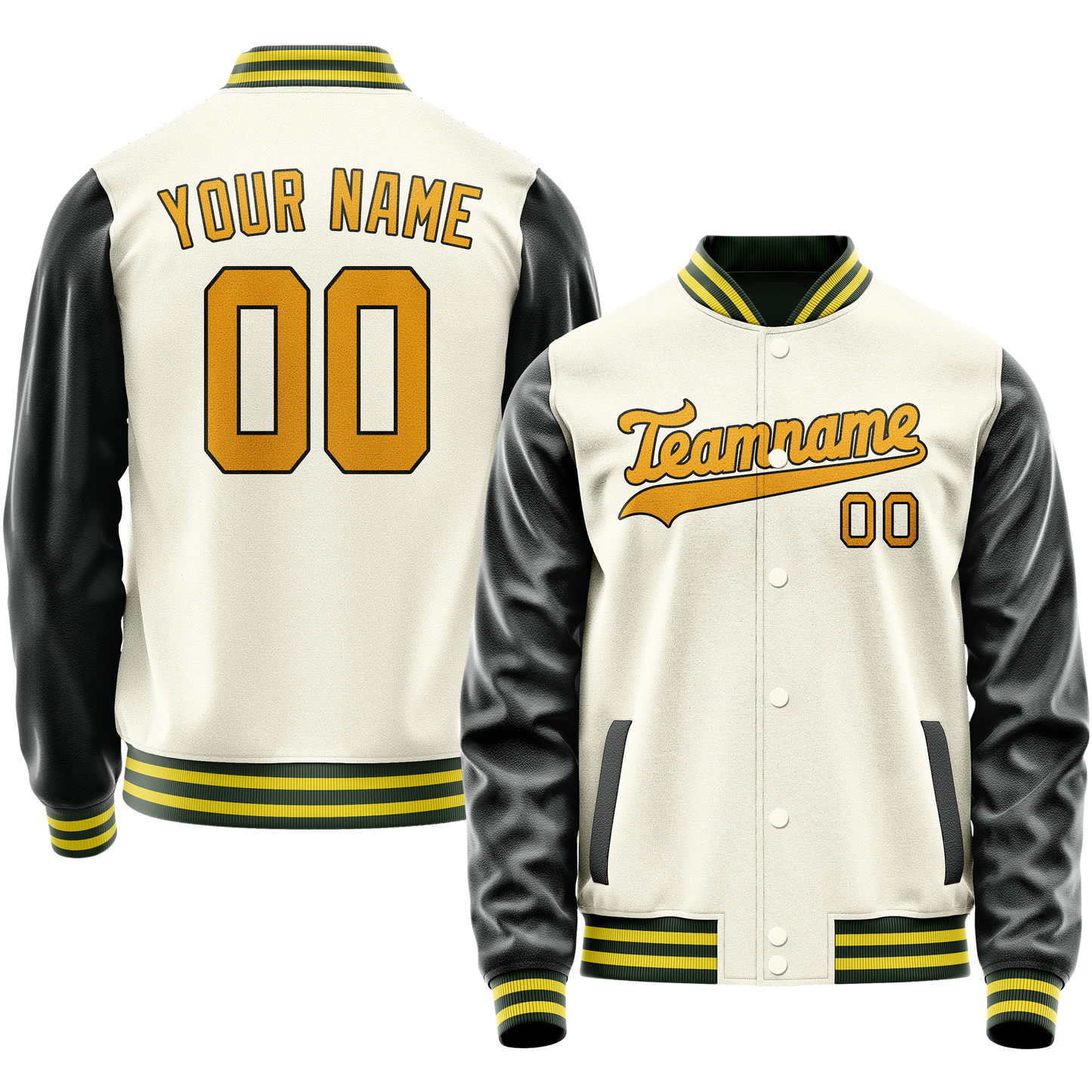 Custom Cream Black Solid Color Varsity Letterman Jacket