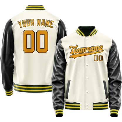 Custom Cream Black Solid Color Varsity Letterman Jacket
