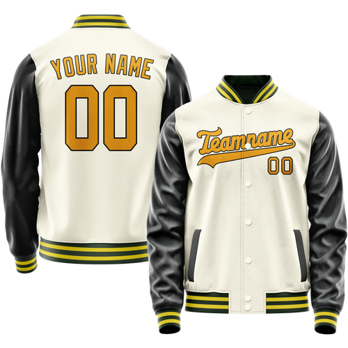 Custom Cream Black Solid Color Varsity Letterman Jacket