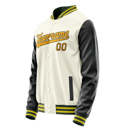 Custom Cream Black Solid Color Varsity Letterman Jacket